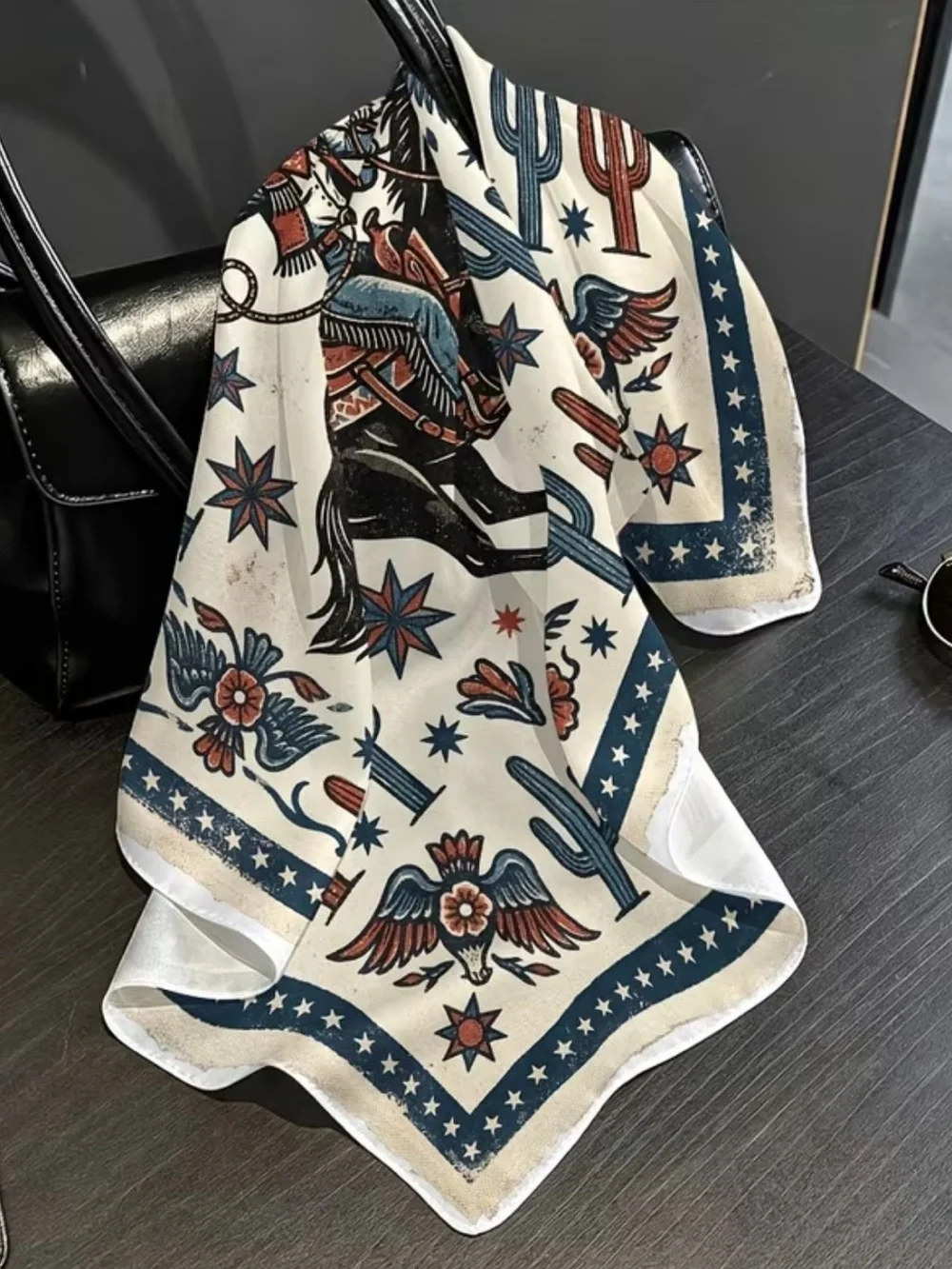 Cowgirl Horse with Lasso Bandana Scarf in Cream, Navy & Rust